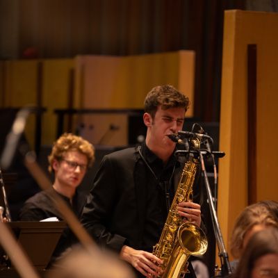 Saxophone player performs in the Guildhall Jazz Orchestra